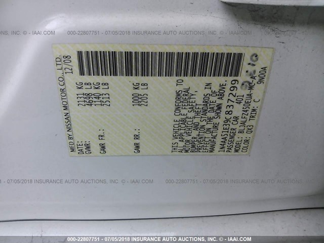 1N4AA51E39C837299 - 2009 NISSAN MAXIMA S/SV WHITE photo 9