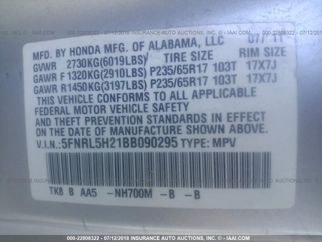 5FNRL5H21BB090295 - 2011 HONDA ODYSSEY LX SILVER photo 9