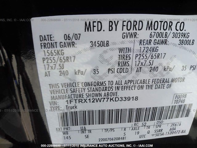 1FTRX12W77KD33918 - 2007 FORD F150 BLACK photo 9