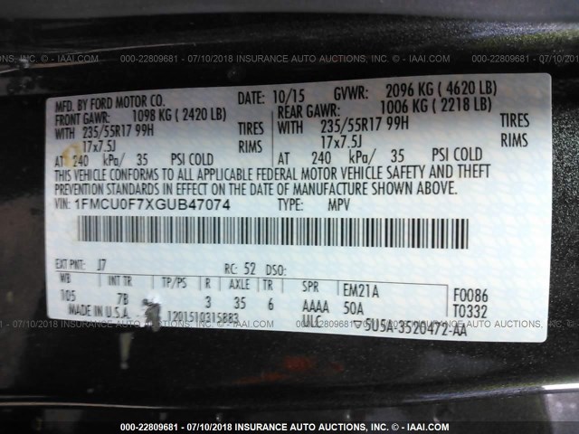 1FMCU0F7XGUB47074 - 2016 FORD ESCAPE S GRAY photo 9