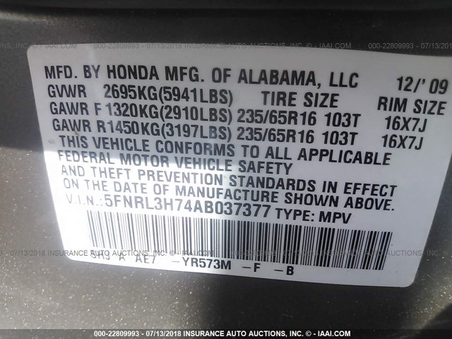 5FNRL3H74AB037377 - 2010 HONDA ODYSSEY EXL GOLD photo 9