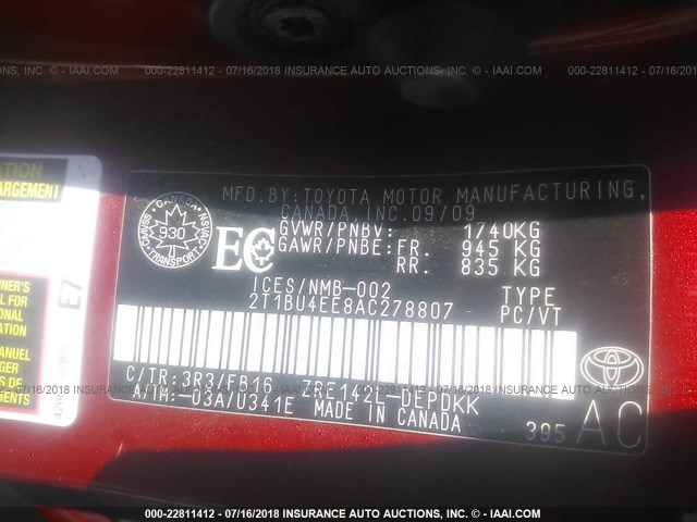 2T1BU4EE8AC278807 - 2010 TOYOTA COROLLA S/LE/XLE RED photo 9