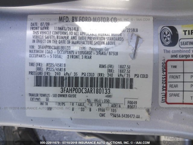 3FAHP0DC3AR180133 - 2010 FORD FUSION SPORT SILVER photo 9