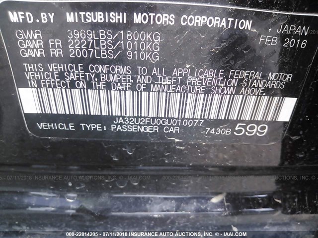 JA32U2FU0GU010077 - 2016 MITSUBISHI LANCER ES BLACK photo 9