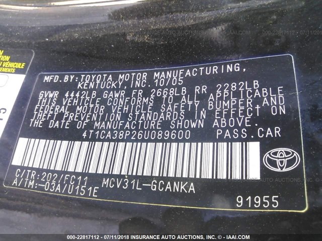 4T1CA38P26U089600 - 2006 TOYOTA CAMRY SOLARA SE/SLE BLACK photo 9