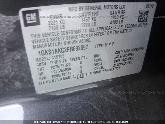 1GKS1AKC2FR682097 - 2015 GMC YUKON SLE GRAY photo 9