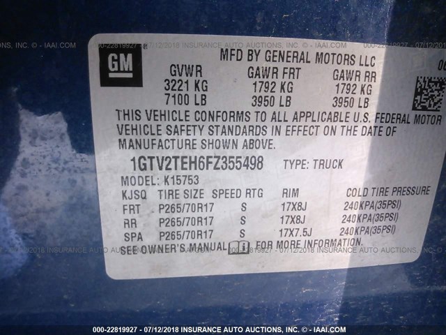 1GTV2TEH6FZ355498 - 2015 GMC SIERRA K1500 BLUE photo 9