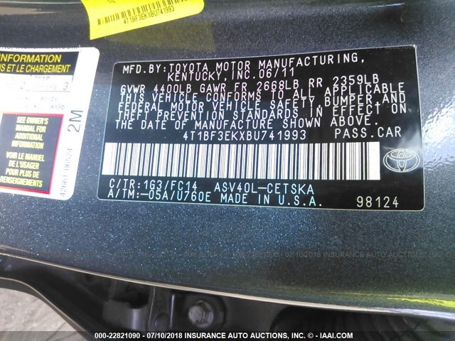 4T1BF3EKXBU741993 - 2011 TOYOTA CAMRY SE/LE/XLE GRAY photo 9