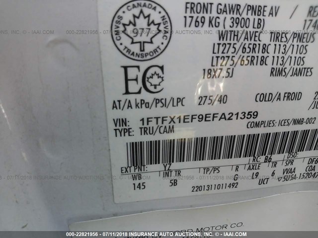 1FTFX1EF9EFA21359 - 2014 FORD F150 SUPER CAB WHITE photo 9