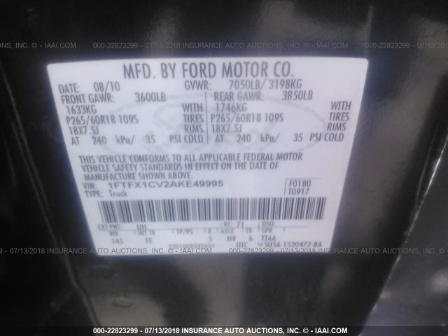1FTFX1CV2AKE49995 - 2010 FORD F150 SUPER CAB BLACK photo 9