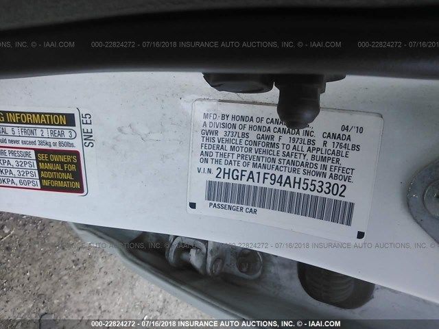 2HGFA1F94AH553302 - 2010 HONDA CIVIC EXL WHITE photo 9