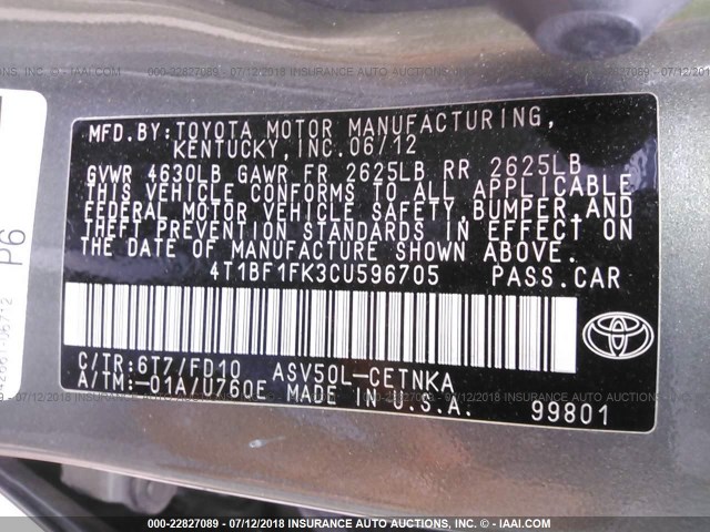 4T1BF1FK3CU596705 - 2012 TOYOTA CAMRY SE/LE/XLE 灰色 照片 9