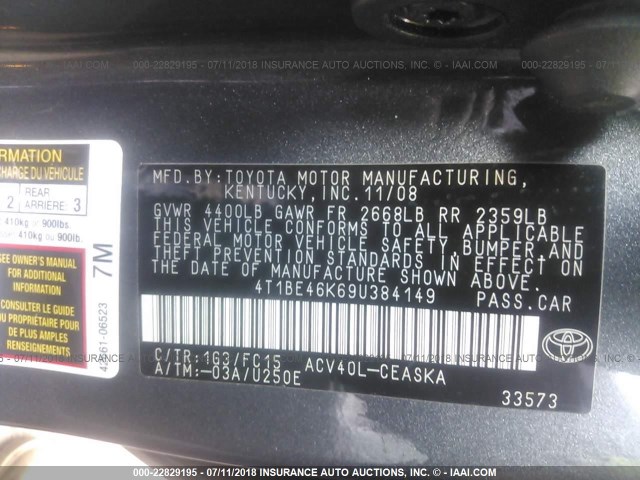 4T1BE46K69U384149 - 2009 TOYOTA CAMRY SE/LE/XLE 灰色 照片 9