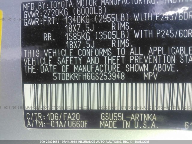 5TDBKRFH6GS253948 - 2016 TOYOTA HIGHLANDER LE/LE PLUS SILVER photo 9