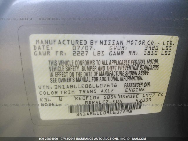 3N1AB61E08L607898 - 2008 NISSAN SENTRA 2.0/2.0S/2.0SL GRAY photo 9