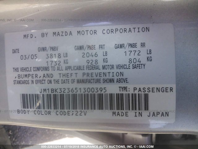 JM1BK323651300395 - 2005 MAZDA 3 S SILVER photo 9