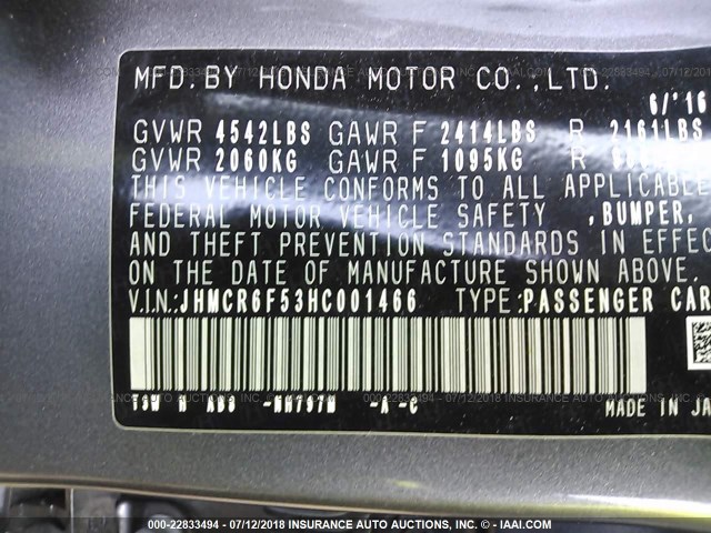 JHMCR6F53HC001466 - 2017 HONDA ACCORD HYBRID/EXL GRAY photo 9