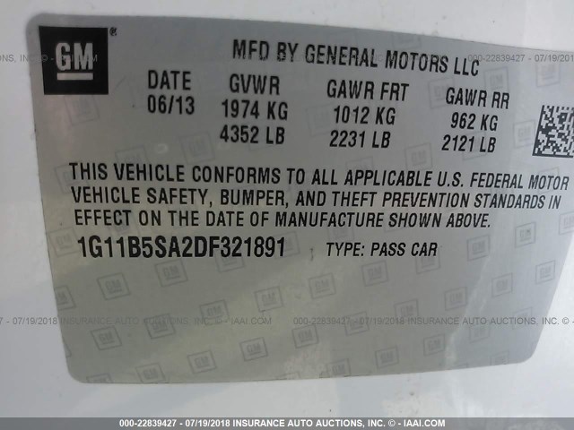 1G11B5SA2DF321891 - 2013 CHEVROLET MALIBU LS 白色 照片 9