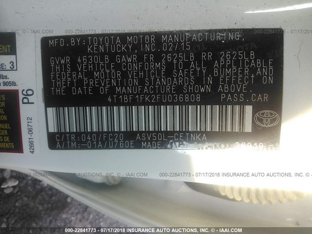 4T1BF1FK2FU036808 - 2015 TOYOTA CAMRY LE/XLE/SE/XSE WHITE photo 9