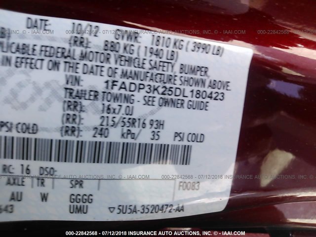 1FADP3K25DL180423 - 2013 FORD FOCUS SE RED photo 9