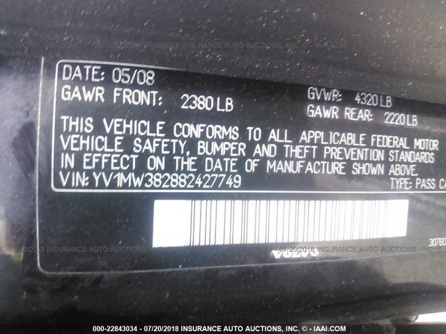 YV1MW382882427749 - 2008 VOLVO V50 2.4I BLACK photo 9