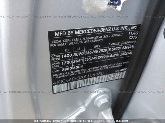 4JGCB6FE3AA106480 - 2010 MERCEDES-BENZ R 350 4MATIC SILVER photo 9