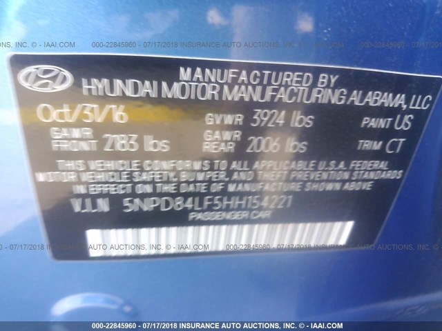 5NPD84LF5HH154221 - 2017 HYUNDAI ELANTRA SE/VALUE/LIMITED BLUE photo 9