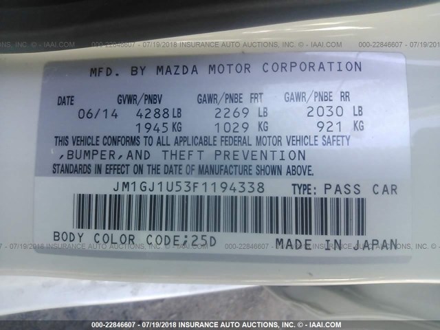 JM1GJ1U53F1194338 - 2015 MAZDA 6 SPORT WHITE photo 9