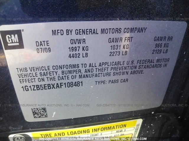 1G1ZB5EBXAF108481 - 2010 CHEVROLET MALIBU LS ლურჯი ფოტო 9