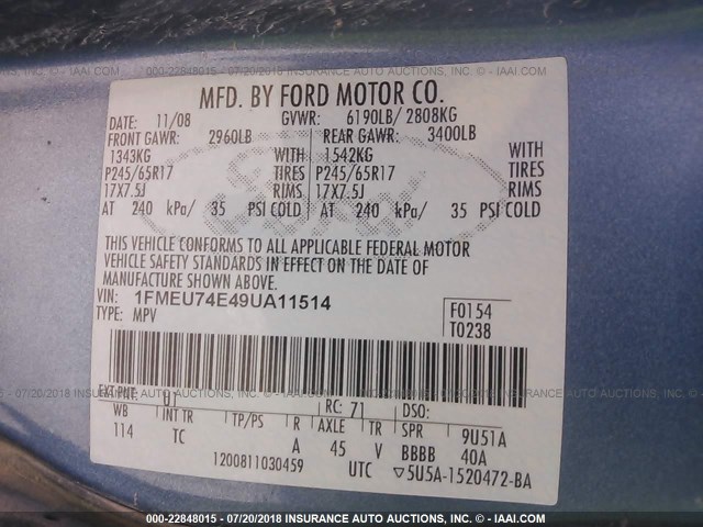 1FMEU74E49UA11514 - 2009 FORD EXPLORER EDDIE BAUER BLUE photo 9