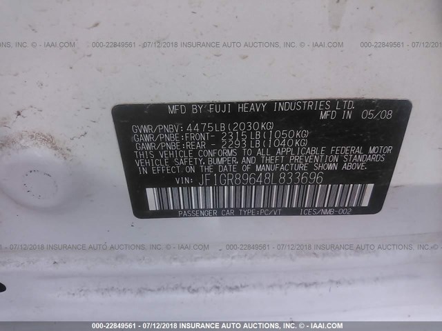 JF1GR89648L833696 - 2008 SUBARU IMPREZA WRX STI WHITE photo 9