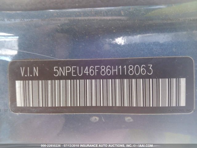 5NPEU46F86H118063 - 2006 HYUNDAI SONATA GLS/LX BLUE photo 9