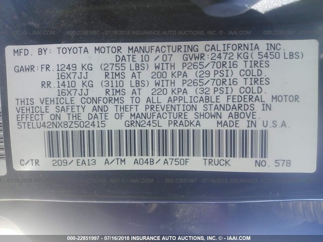 5TELU42NX8Z502415 - 2008 TOYOTA TACOMA DOUBLE CAB 黑色 照片 9