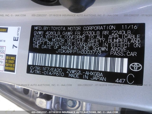 JTDKARFP1H3003773 - 2017 TOYOTA PRIUS PRIME  SILVER photo 9