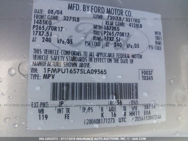 1FMPU16575LA09565 - 2005 FORD EXPEDITION XLT SILVER photo 9
