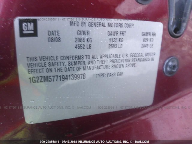 1G2ZM577194139978 - 2009 PONTIAC G6 GXP MAROON photo 9