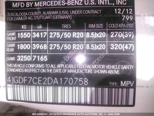 4JGDF7CE2DA170758 - 2013 MERCEDES-BENZ GL 450 4MATIC WHITE photo 9