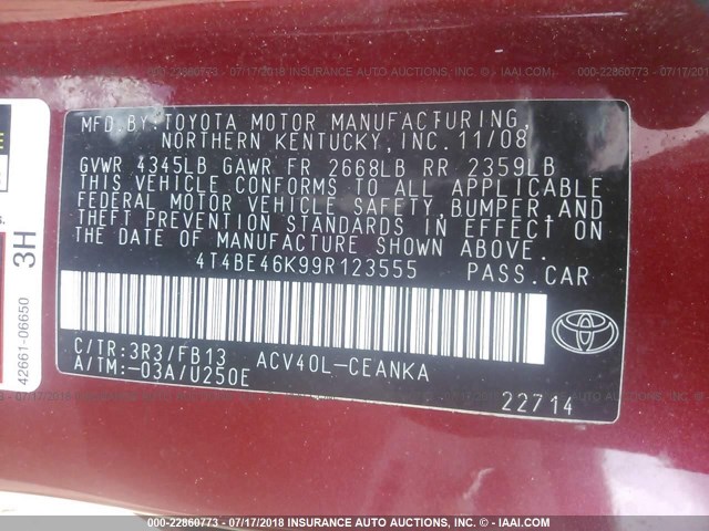 4T4BE46K99R123555 - 2009 TOYOTA CAMRY SE/LE/XLE RED photo 9