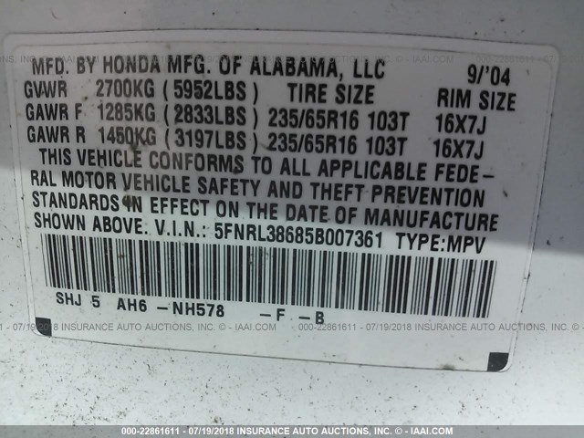 5FNRL38685B007361 - 2005 HONDA ODYSSEY EXL WHITE photo 9