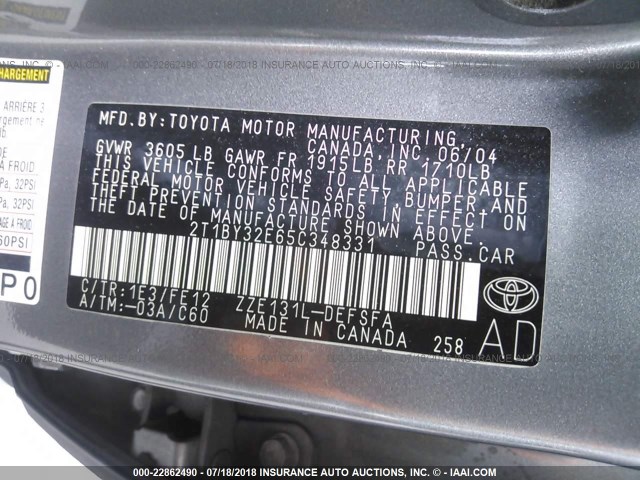 2T1BY32E65C348331 - 2005 TOYOTA COROLLA XRS GRAY photo 9