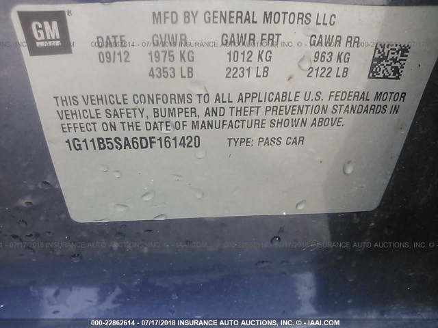 1G11B5SA6DF161420 - 2013 CHEVROLET MALIBU LS 蓝色 照片 9