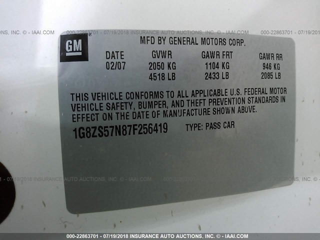 1G8ZS57N87F256419 - 2007 SATURN AURA XE WHITE photo 9