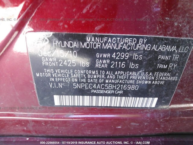 5NPEC4AC5BH216980 - 2011 HYUNDAI SONATA SE/LIMITED RED photo 9