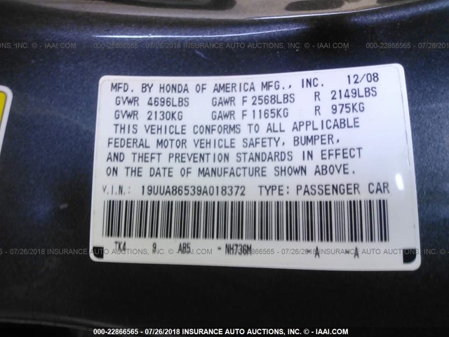 19UUA86539A018372 - 2009 ACURA TL GRAY photo 9