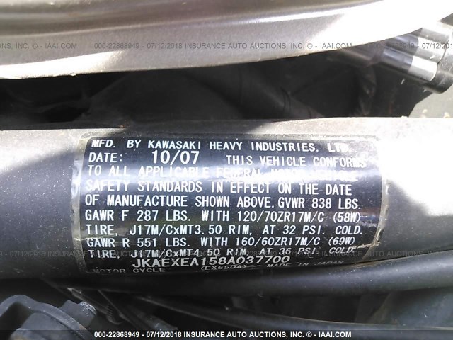 JKAEXEA158A037700 - 2008 KAWASAKI EX650 A Boz foto 10