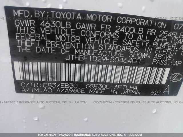 JTHBF1D29F5046400 - 2015 LEXUS IS 250 WHITE photo 9