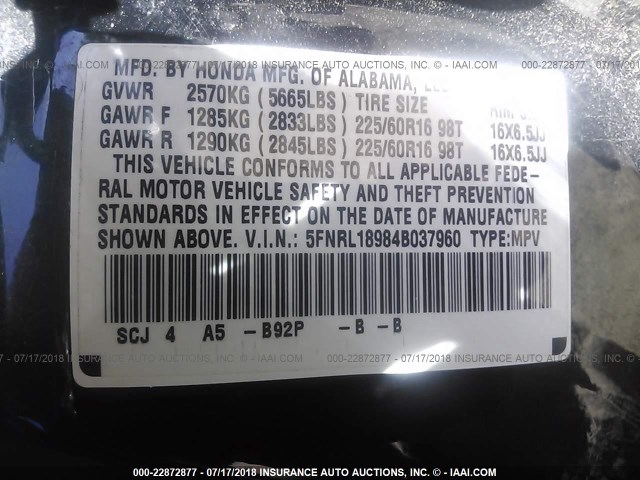 5FNRL18984B037960 - 2004 HONDA ODYSSEY EXL BLACK photo 9