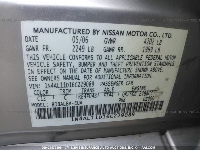 1N4AL11D16C229089 - 2006 NISSAN ALTIMA S/SL Champagne photo 9