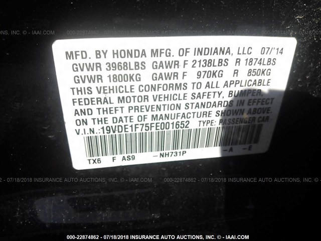 19VDE1F75FE001652 - 2015 ACURA ILX 20 TECH BLACK photo 9