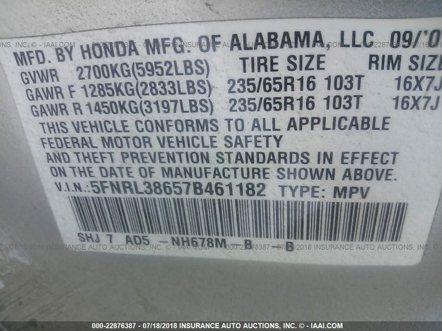 5FNRL38657B461182 - 2007 HONDA ODYSSEY EXL SILVER photo 9